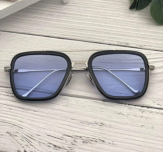 Unisex Blue Silver Retro Square Sunglass
