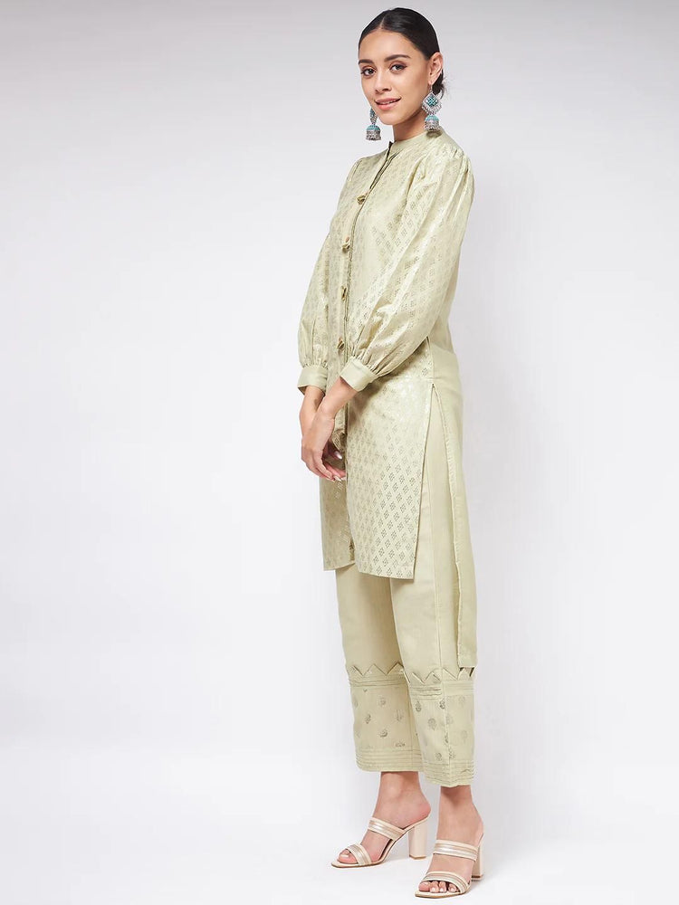 PANNKH Pista Festive Foil Printed Shirt Style Kurta With High-Low Hemline