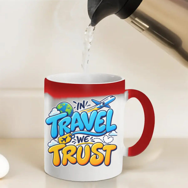 In Travel We Trust Coffee Mug – Colorful Airplane & Travel Design
