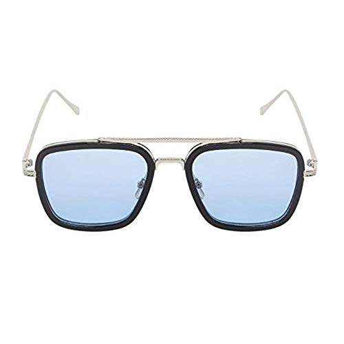 Unisex Blue Silver Retro Square Sunglasses