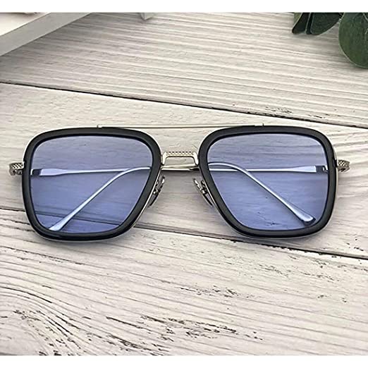 Unisex Blue Silver Retro Square Sunglasses