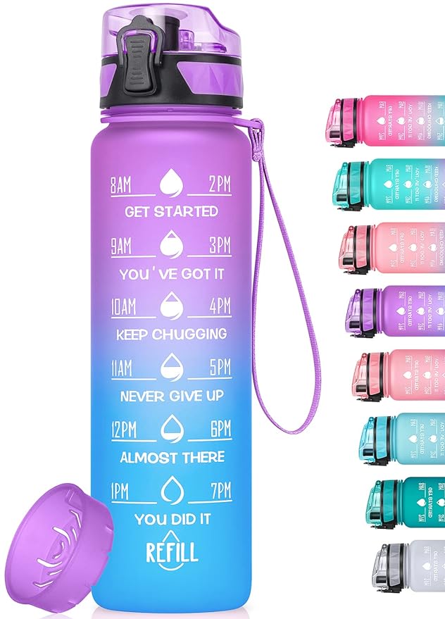 Motivational Water Bottle with Time Marker, 32 Oz BPA Free Water Bottles