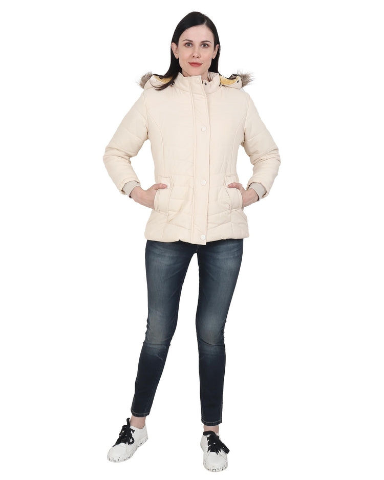 Xohy Women's Cream Winter Wear Full Sleeve Solid Puffer Jacket