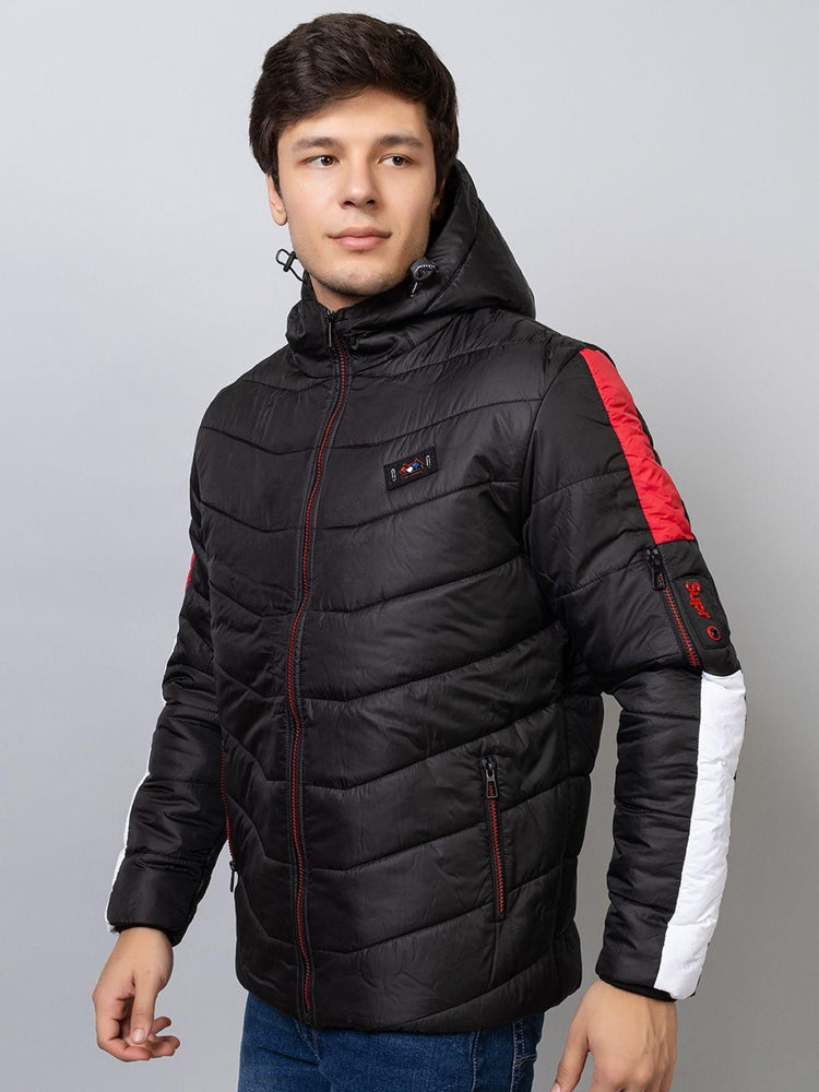 Xohy Men's Puffer Bomber Hooded Black Full Sleeve Sporty Jacket