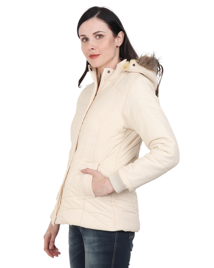 Xohy Women's Cream Winter Wear Full Sleeve Solid Puffer Jacket