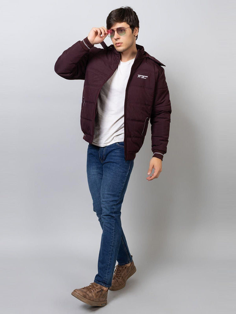 Xohy Men's Full Sleeve Tailored Puffer Wine Hooded Jacket