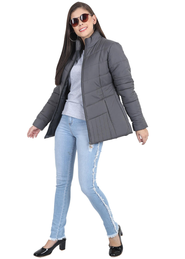 Xohy Women's Grey Winter Wear Full Sleeve Solid Puffer Jacket