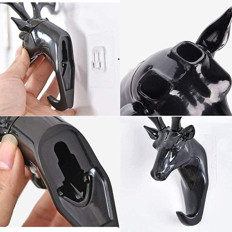 Deer Head Hanging Plastic, Self Adhesive Wall Door Hook Hanger Bag Keys Sticky Holder (Black)