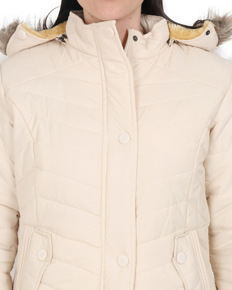 Xohy Women's Cream Winter Wear Full Sleeve Solid Puffer Jacket