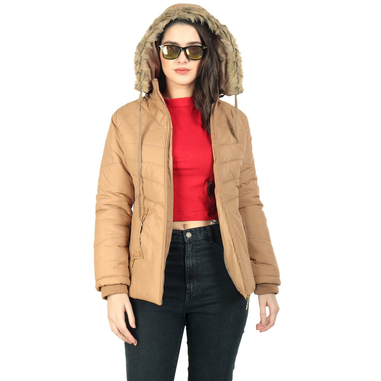 Xohy Women's Beige Winter Wear Full Sleeve Solid Puffer Jacket