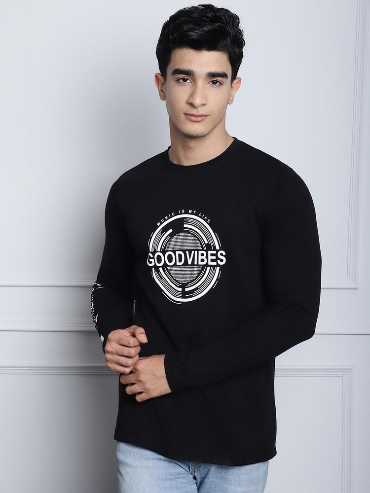 Door 74 Mens Printed Black Color Regular Fit Long Sleeves Tshirt