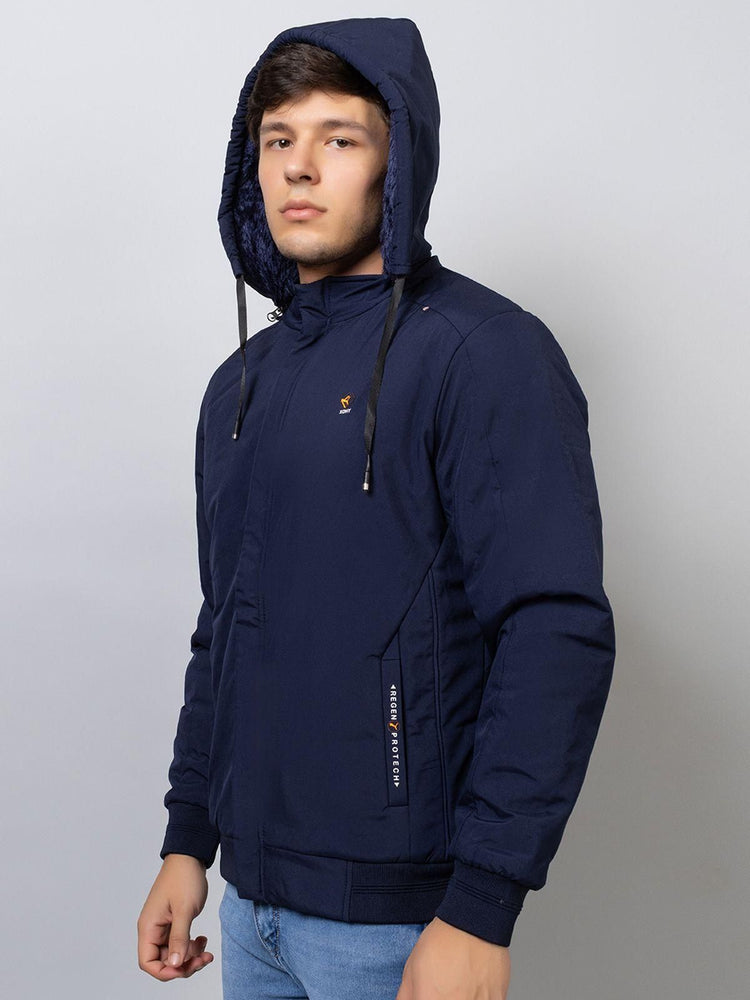 Xohy Men's Full Sleeve Lightweight Tailored Hooded Navy Jacket