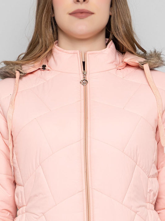 Xohy Women's Lightpink Winter Wear Full Sleeve Solid Puffer Jacket