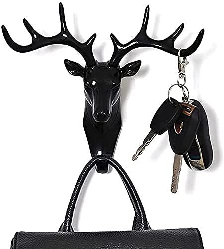 Deer Head Hanging Plastic, Self Adhesive Wall Door Hook Hanger Bag Keys Sticky Holder (Black)