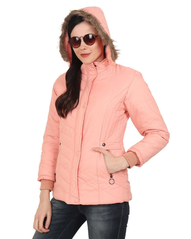 Xohy Women's Lightpink Winter Wear Full Sleeve Solid Puffer Jacket