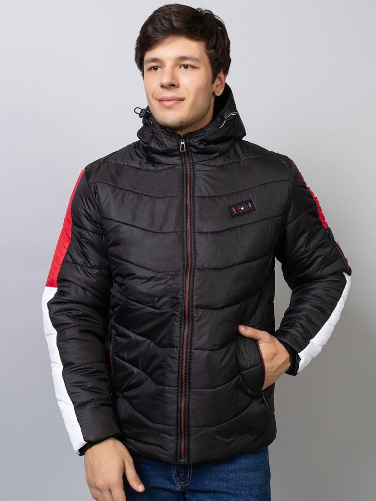 Xohy Men's Puffer Bomber Hooded Black Full Sleeve Sporty Jacket