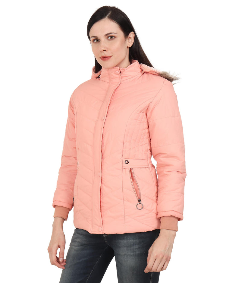 Xohy Women's Lightpink Winter Wear Full Sleeve Solid Puffer Jacket