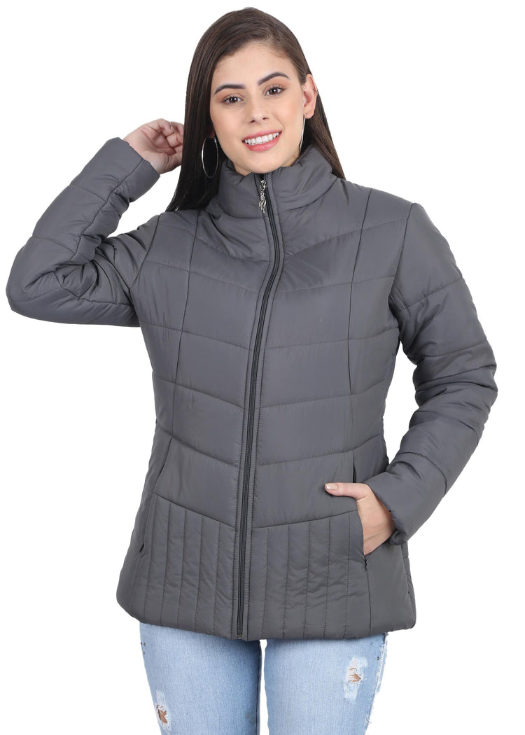 Xohy Women's Grey Winter Wear Full Sleeve Solid Puffer Jacket