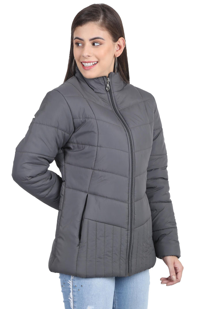 Xohy Women's Grey Winter Wear Full Sleeve Solid Puffer Jacket