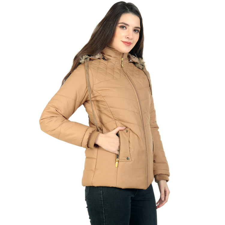 Xohy Women's Beige Winter Wear Full Sleeve Solid Puffer Jacket