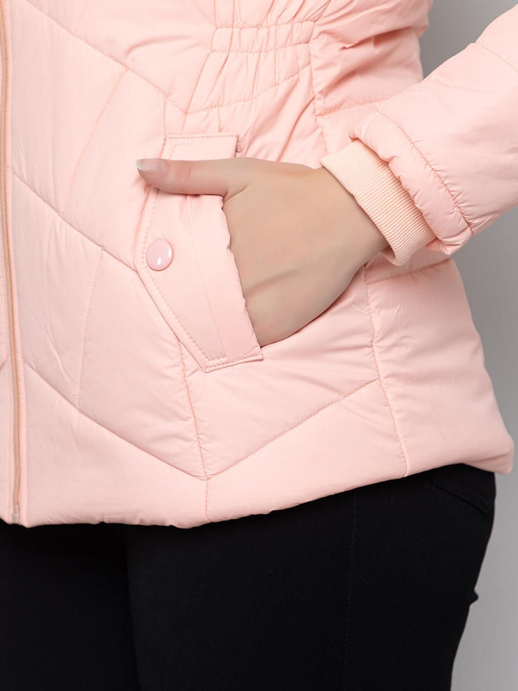 Xohy Women's Lightpink Winter Wear Full Sleeve Solid Puffer Jacket