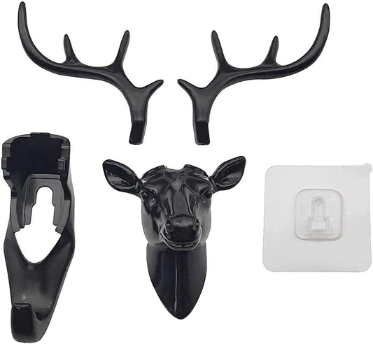 Deer Head Hanging Plastic, Self Adhesive Wall Door Hook Hanger Bag Keys Sticky Holder (Black)