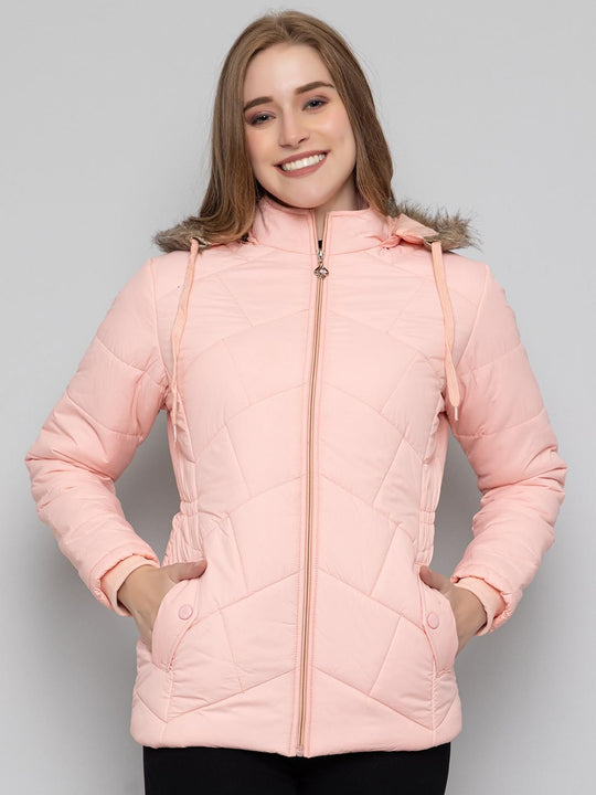 Xohy Women's Lightpink Winter Wear Full Sleeve Solid Puffer Jacket