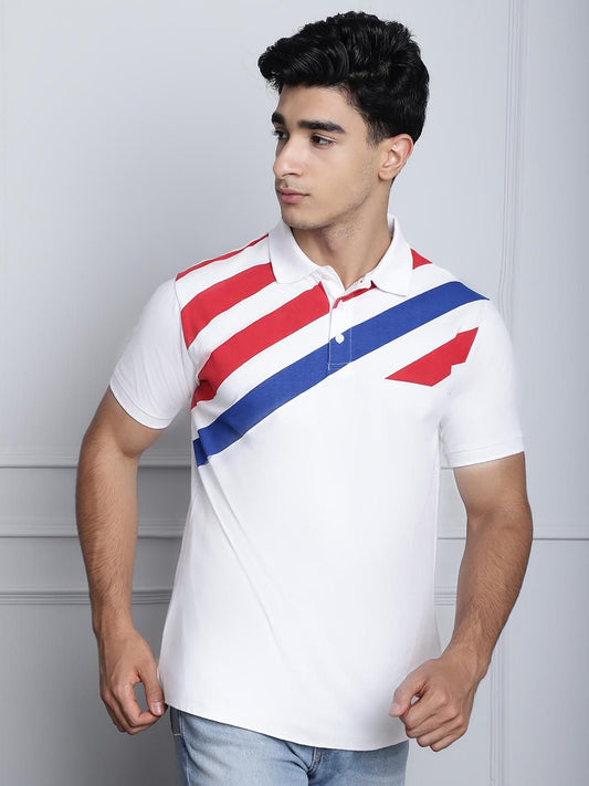 Door 74 Mens Stripe Print White Color Regular Polo Tshirt